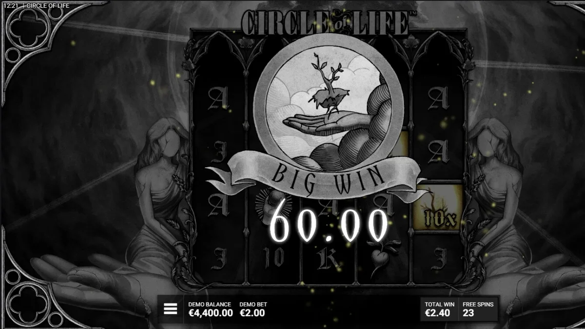 Tampilan visual slot Circle of Life dengan tema monokrom dan pohon kehidupan