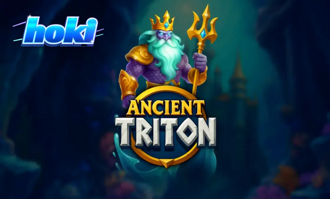 Pemandangan bawah laut yang memukau dalam slot Ancient Triton dengan dewa laut Triton di samping gulungan.